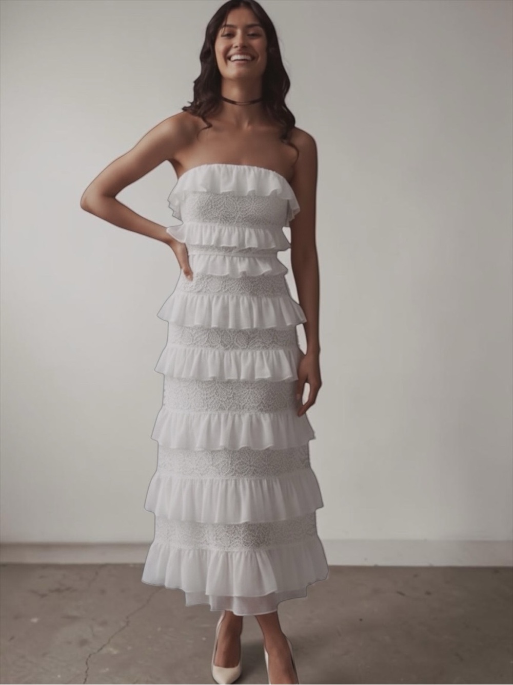 BHLDN Anthropologie Strapless Tiered Ruffle Lace Midi Dress Ivory White